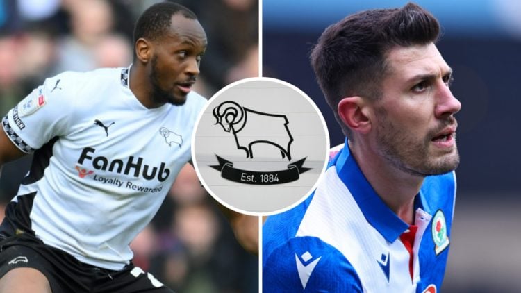 Ryan Nyambe of Derby County participates in the Sky Bet Championship match between Derby County and Millwall (L). Danny Batth of Blackburn Rovers d...