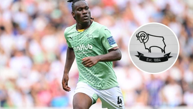 David Ozoh of Derby in action during the pre-season friendly match between Derby County and Real Valladolid. Inset, Derby County badge