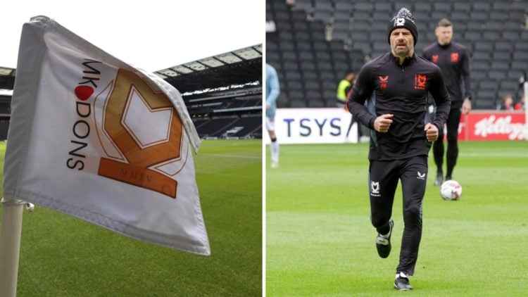 The MK Dons club badge is found on a corner flag before a pre-season friendly, Paul Warne runs to the dugout before MK Dons vs Notts County