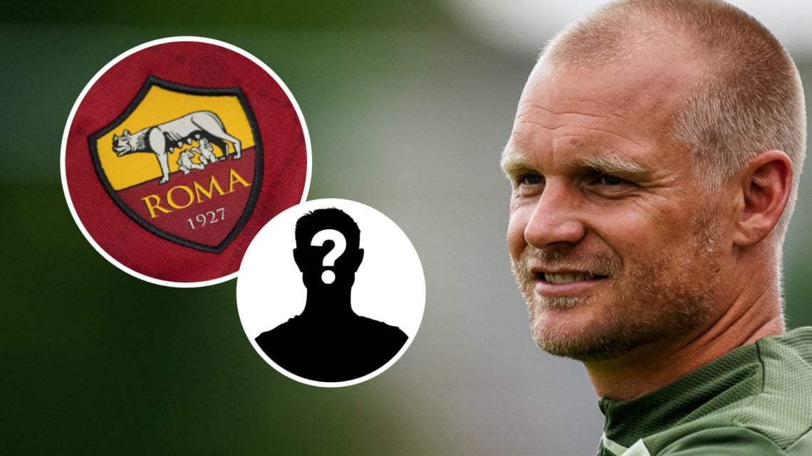 Norwich City manager Liam Manning. Inset, AS Roma badge and mystery player graphic.