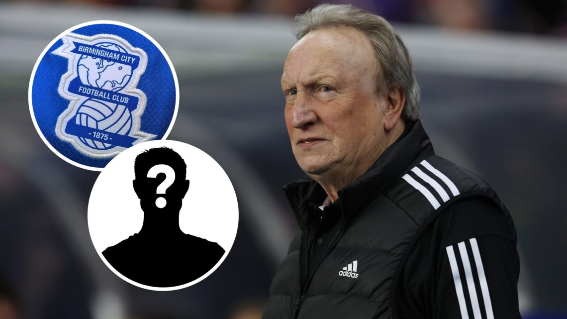 Neil Warnock watches on during Rangers vs Aberdeen, an inset of a detailed view of the Birmingham City badge, an inset of a mystery man