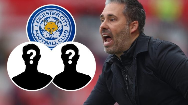 Leicester City FC head coach Marti Cifuentes reacts during a Championship game. Inset, the Leicester City FC badge and two mystery players