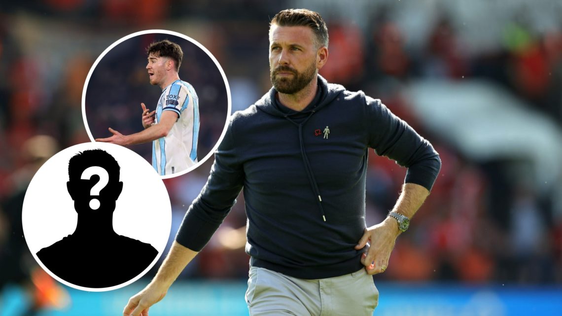 Rob Edwards watches on during Luton Town's Premier League game against Fulham. Inset, Hayden Hackney of Middlesbrough reacts during the Sky Bet Cha...