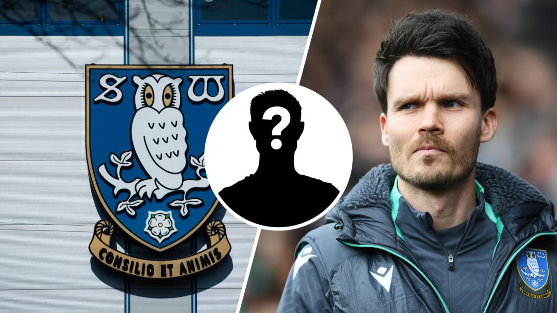 The Sheffield Wednesday club crest outside the Hillsborough Stadium, an inset of a mystery man, Danny Rohl looking dejected