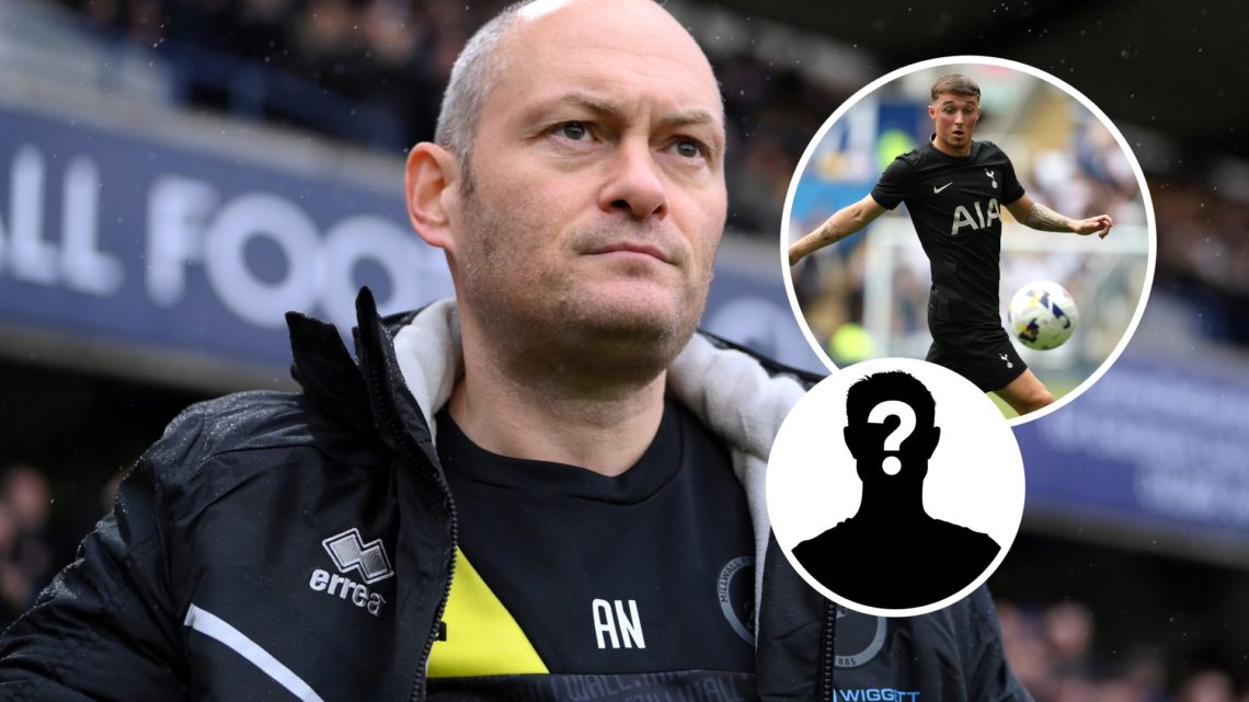 Millwall manager Alex Neil. Inset, Spurs star Alfie Devine and mystery player graphic.