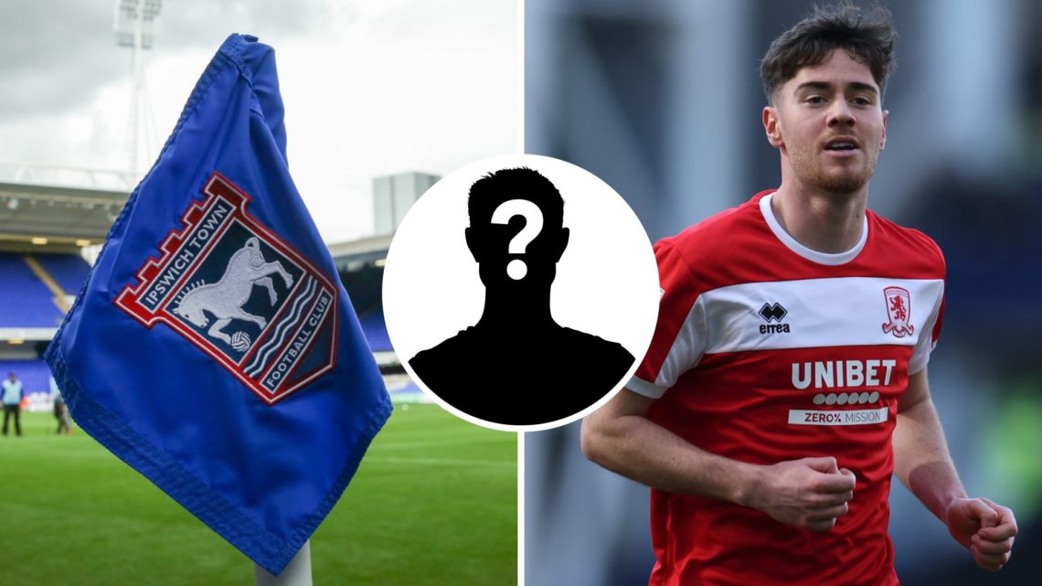 Ipswich Town FC badge on a corner flag at Portman Road stadium, and Middlesbrough midfielder Hayden Hackney in action. Overlaid, a mystery player