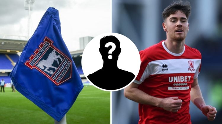 Ipswich Town FC badge on a corner flag at Portman Road stadium, and Middlesbrough midfielder Hayden Hackney in action. Overlaid, a mystery player