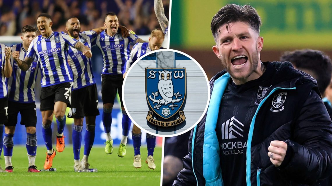 Sheffield Wednesday FC players celebrate after beating Barnsley in the League One play-off semi-final second leg, and Josh Windass celebrates durin...
