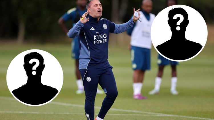 Marti Cifuentes leads Leicester City during a training session, two insets of mystery men