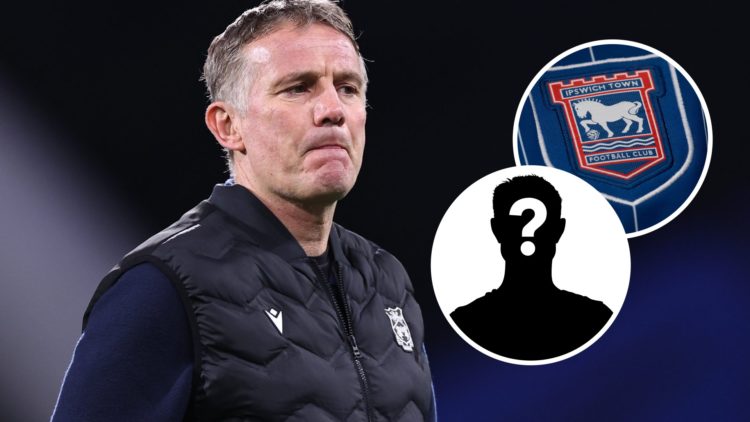 Wrexham FC manager Phil Parkinson, and inset, the Ipswich Town FC badge and a mystery player