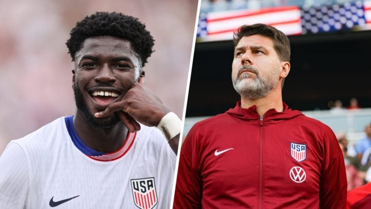 Patrick Agyemang #7 of United States celebrates (left), United States head coach Mauricio Pochettino (right)