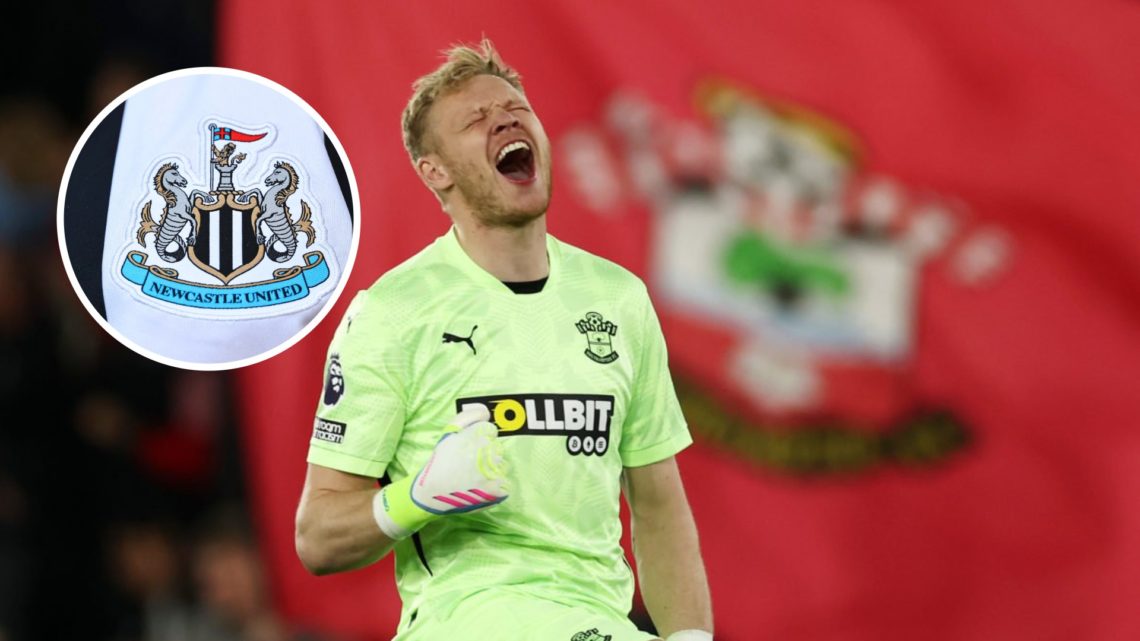 Southampton goalkeeper Aaron Ramsdale celebrates at St Mary's Stadium after a Premier League game. Inset, the Newcastle United FC badge