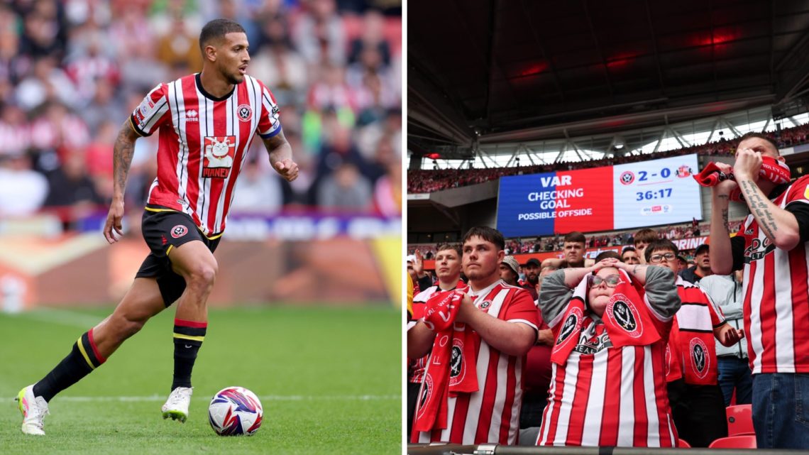 Vinicius Souza on the ball for Sheffield United, Sheffield United fans look dejected after a goal is ruled out for offside in the play-off final