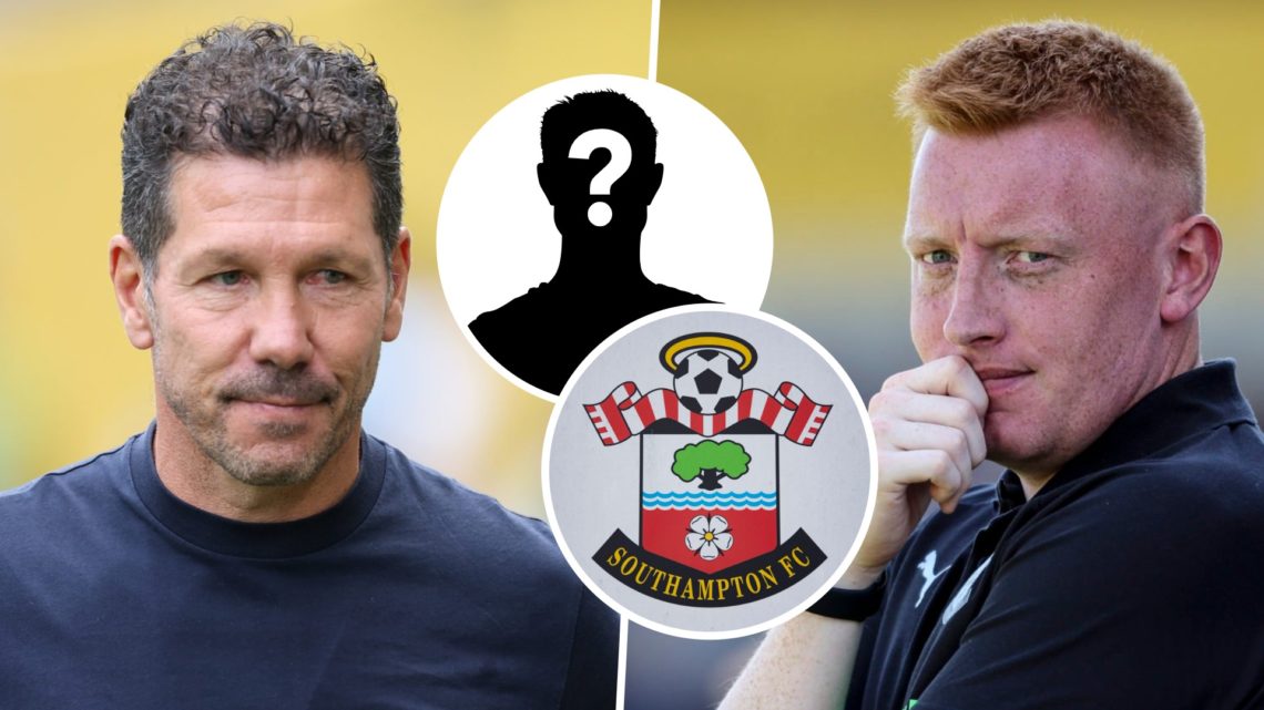 Atletico Madrid manage Diego Simeone, and Southampton FC head coach Will Still. Inset, the Southampton FC badge and a mystery player