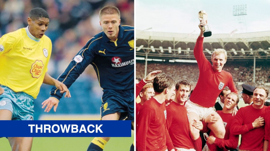 Carlton Palmer closes down an AFC Wimbledon player while representing Sheffield Wednesday, Bobby Moore and the England team lift the World Cup afte...