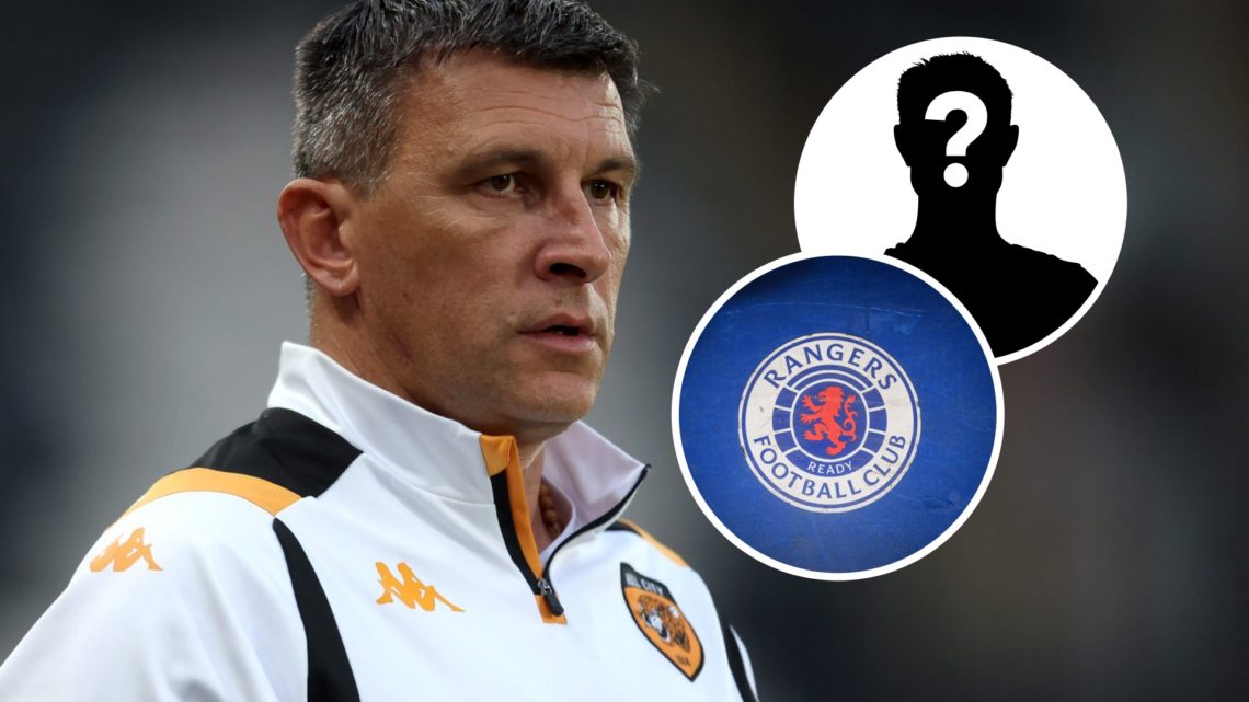 Hull City FC manager Sergej Jakirovic, and inset, a mystery player and the Rangers FC badge.