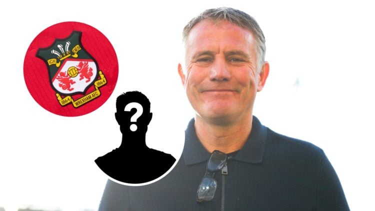 Wrexham FC manager Phil Parkinson, and inset, the Wrexham FC badge and a mystery player