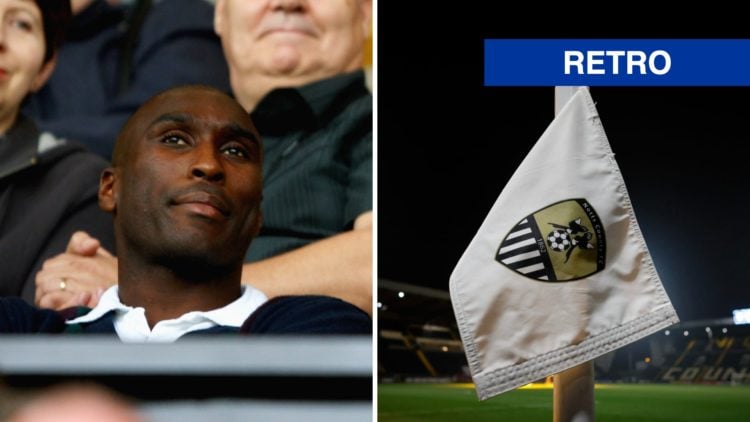Sol Campbell watches Notts County vs Burton Albion, the Notts County badge on a corner flag before an FA Cup tie against Shrewsbury Town