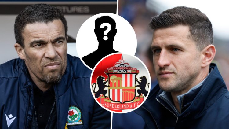 Blackburn FC manager Valerien Ismael and Portsmouth FC manager John Mousinho. Overlaid, a mystery player and the Sunderland AFC badge