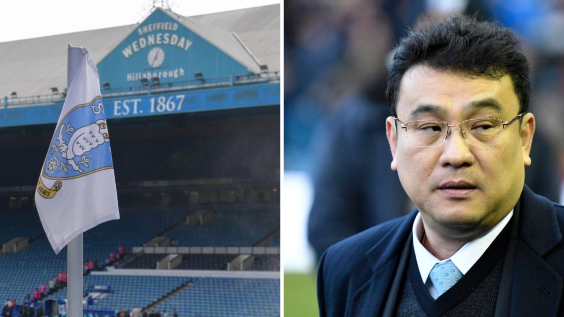Sheffield Wednesday FC badge on a corner flag at Hillsborough Stadium, and Sheffield Wednesday owner Dejphon Chansiri.