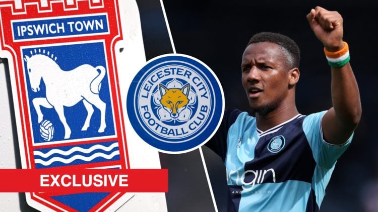Split image showing the Ipswich Town and Leicester City badges, plus Wycombe striker Richard Kone