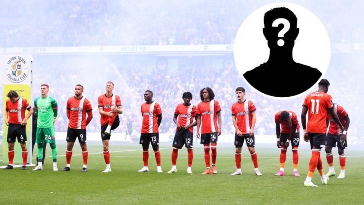 Luton Town squad line up before the game against Brighton & Hove Albion, an inset of a mystery man