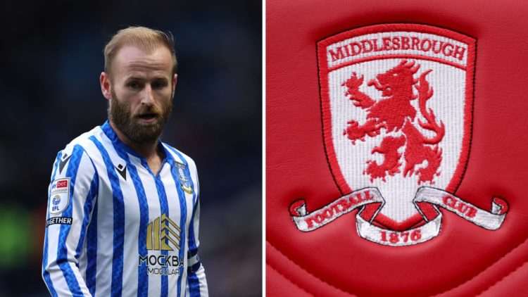Barry Bannan of Sheffield Wednesday looks on. Middlesbrough logo on the seats in the dugout during the Premier League match between Middlesbrough a...