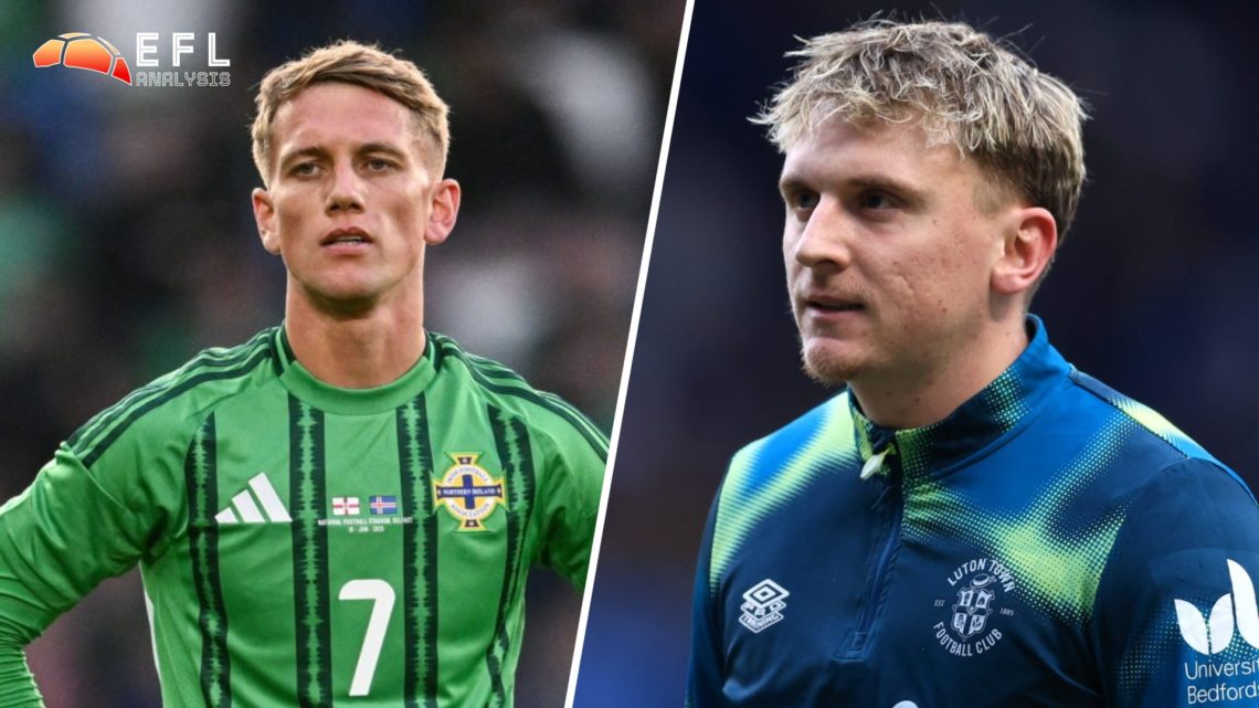Split image of Ethan Galbraith playing Northern Ireland (L) and Alfie Doughty at Luton Town (R)