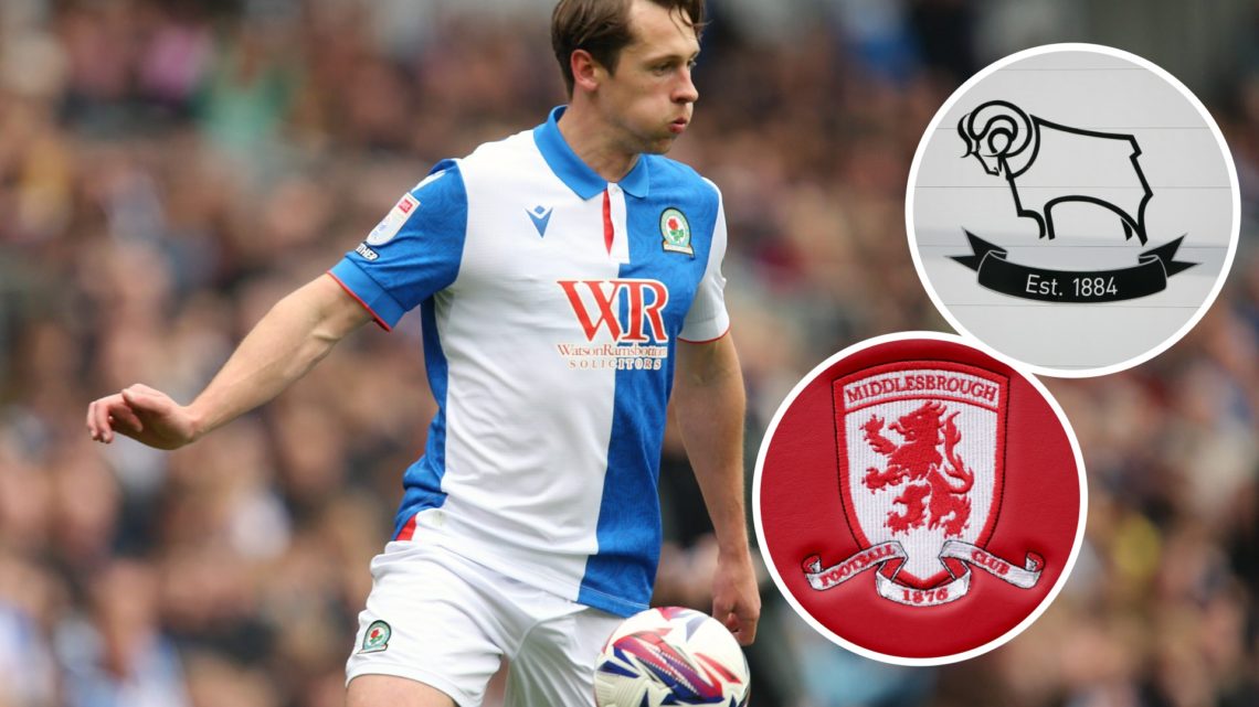 Callum Brittain controls the ball during Blackburn Rovers vs Watford. Inset, Middlesbrough badge. Inset, Derby County badge