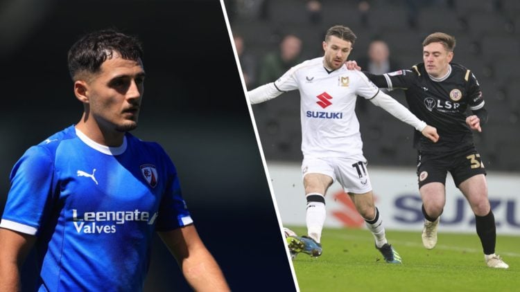 Armando Dobra in action during Chesterfield vs Nottingham Forest, Dan Crowley fends off a challenge during MK Dons vs Bromley