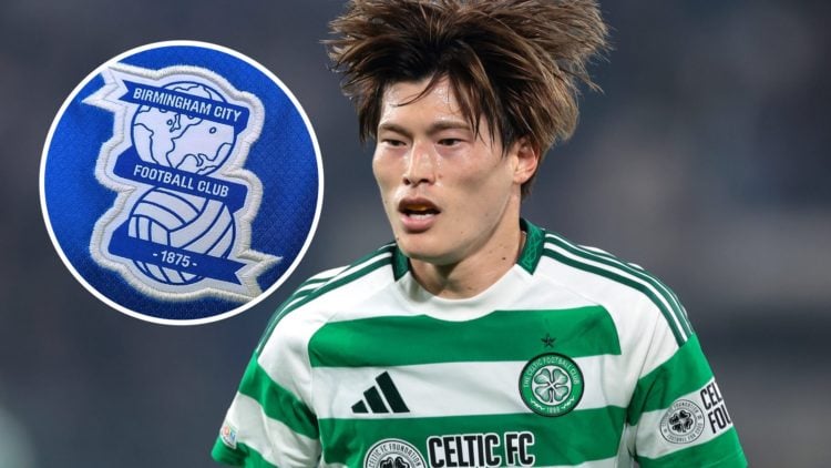 Former Celtic forward Kyogo Furuhashi and overlaid, the Birmingham City FC badge