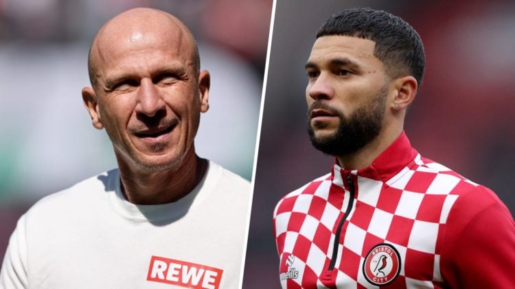 Head coach Gerhard Struber of Koeln looks on prior to the Second Bundesliga match. Nahki Wells of Bristol City warms up prior to the Sky Bet Champi...