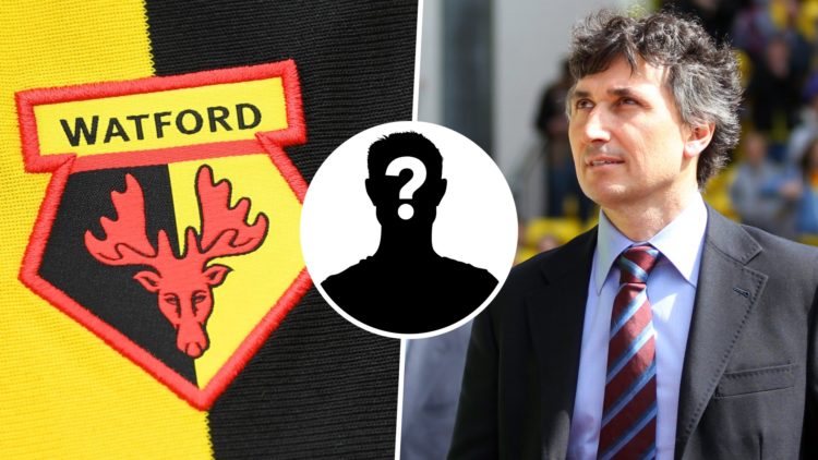 Watford FC badge and Watford FC owner Gino Pozzo. Overlaid, a mystery player