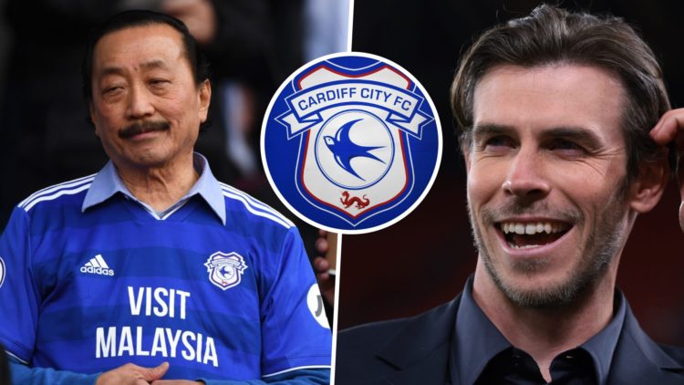 Cardiff City FC owner Vincent Tan watches on from the stands at Cardiff City Stadium, and former Real Madrid player Gareth Bale. Overlaid, the Card...