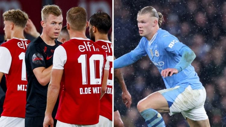 Split image showing SK Brann striker Aune Heggebo and Manchester City star Erling Haaland