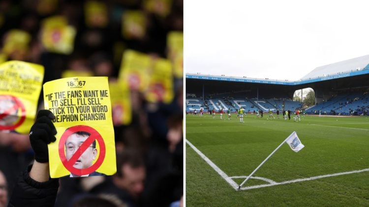 Sheffield Wednesday supporters protest against team owner Dejphon Chansiri. Sheffield Wednesday corner flag at Hillsborough.
