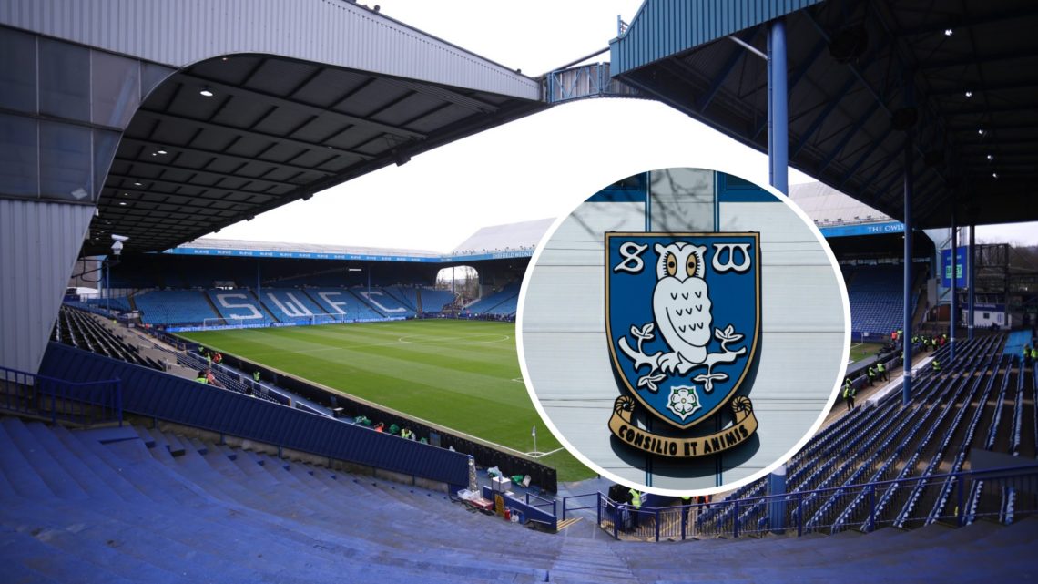 Hillsborough Stadium with an inset of the Sheffield Wednesday badge.