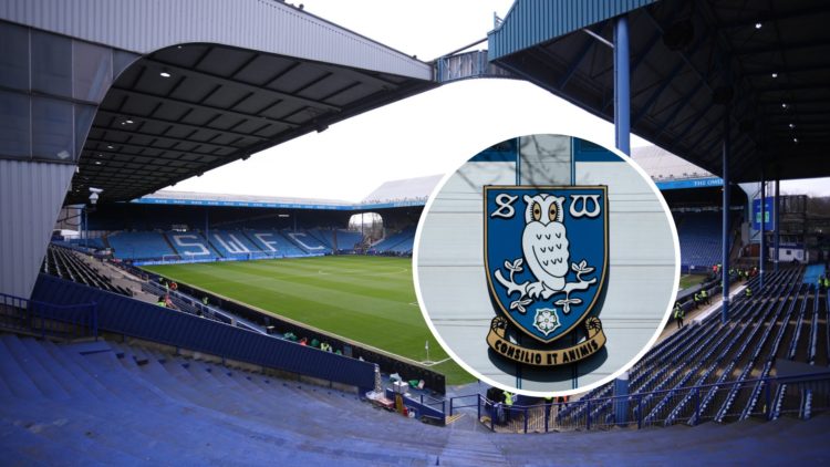 Hillsborough Stadium with an inset of the Sheffield Wednesday badge.