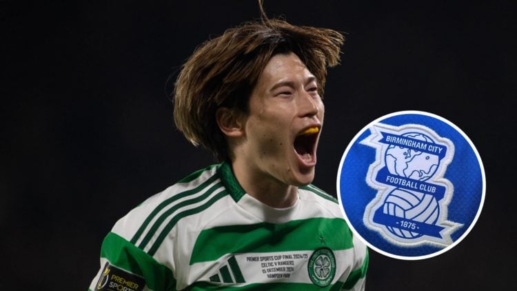 Kyōgo Furuhashi playing for Celtic. Inset, Birmingham City badge.