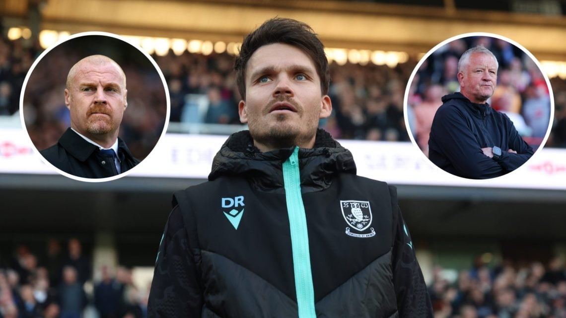 Inset of Sean Dyche watching on during Everton's Premier League game against Brighton, Danny Rohl looks on before Sheffield Wednesday's game agains...