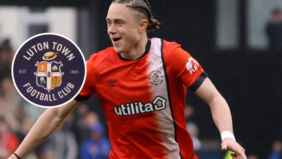 Thelo Aasgaard celebrates a goal for Luton Town. Inset, Luton Town badge.