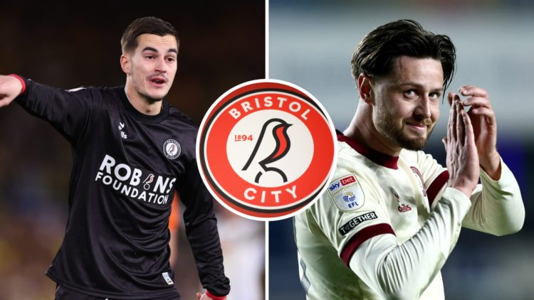 Anis Mehmeti of Bristol City during the Sky Bet Championship match between Leeds United FC and Bristol City FC (L), Harry Cornick of Bristol City a...