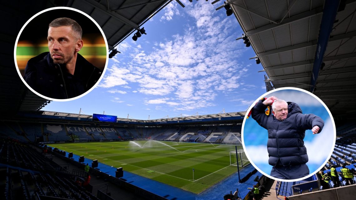 Inset of Gary O'Neil watching on during West Ham vs Wolves, a detailed view of the King Power Stadium, inset of Chris Wilder celebrating with a sca...