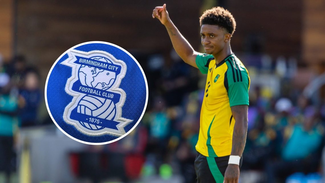 Demarai Gray in action for Jamaica. Inset, Birmingham City badge.