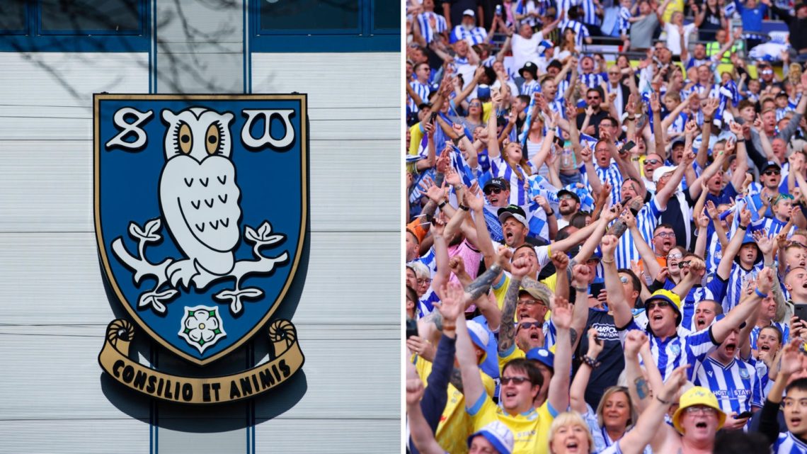 Sheffield Wednesday badge adorns Hillsborough Stadium - Sheffield Wednesday Football Club. Sheffield Wednesday fans celebrate following the Sky Bet...