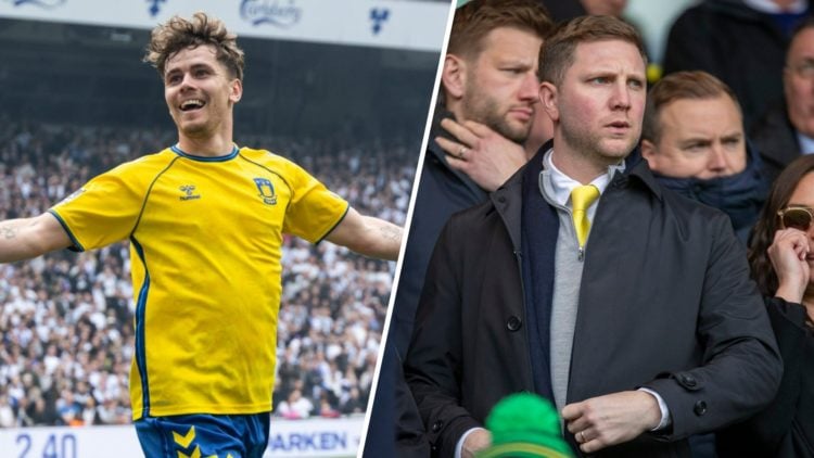 Mathias Kvistgaarden of Brøndby IF celebrates after scoring their first goal during the Danish 3F Superliga match between F.C. Copenhagen and Brønd...