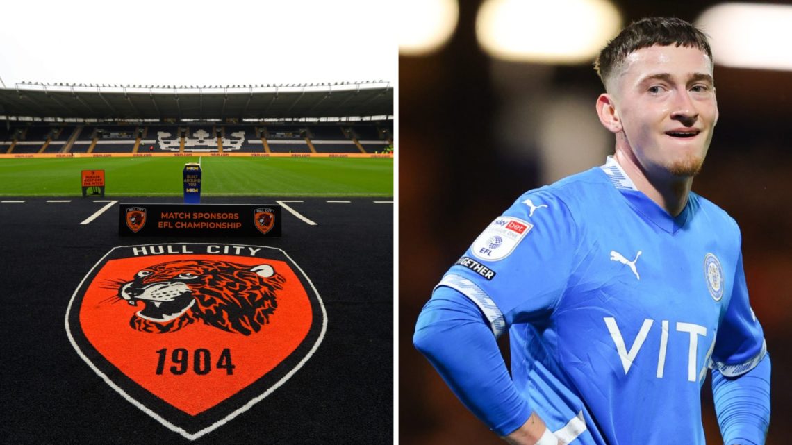 Hull City FC badge on display at the MKM Stadium before a Championship game, and Aston Villa player Louie Barry reacts during loan spell at Stockpo...