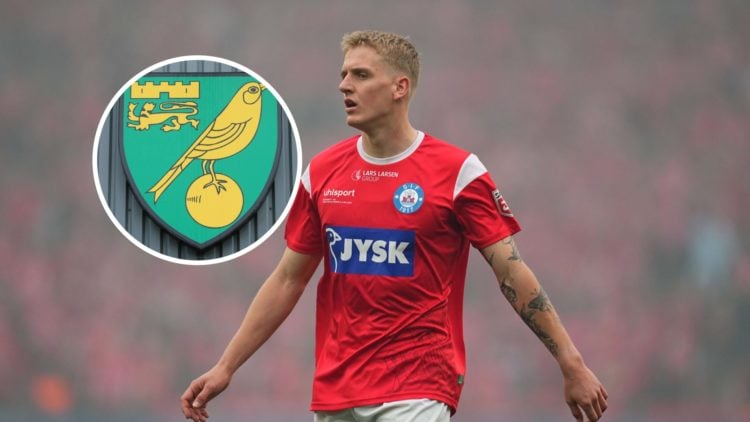 Silkeborg's Pelle Mattsson. Inset, Norwich City badge.
