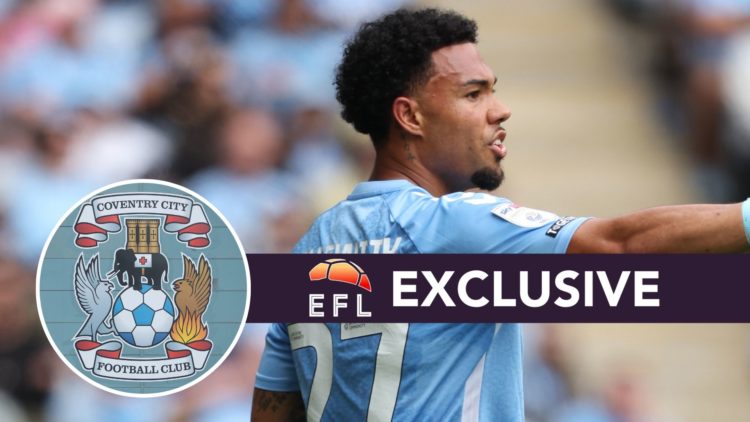 An image of Milan van Ewijk with an inset of the Coventry City badge and exclusive banner.