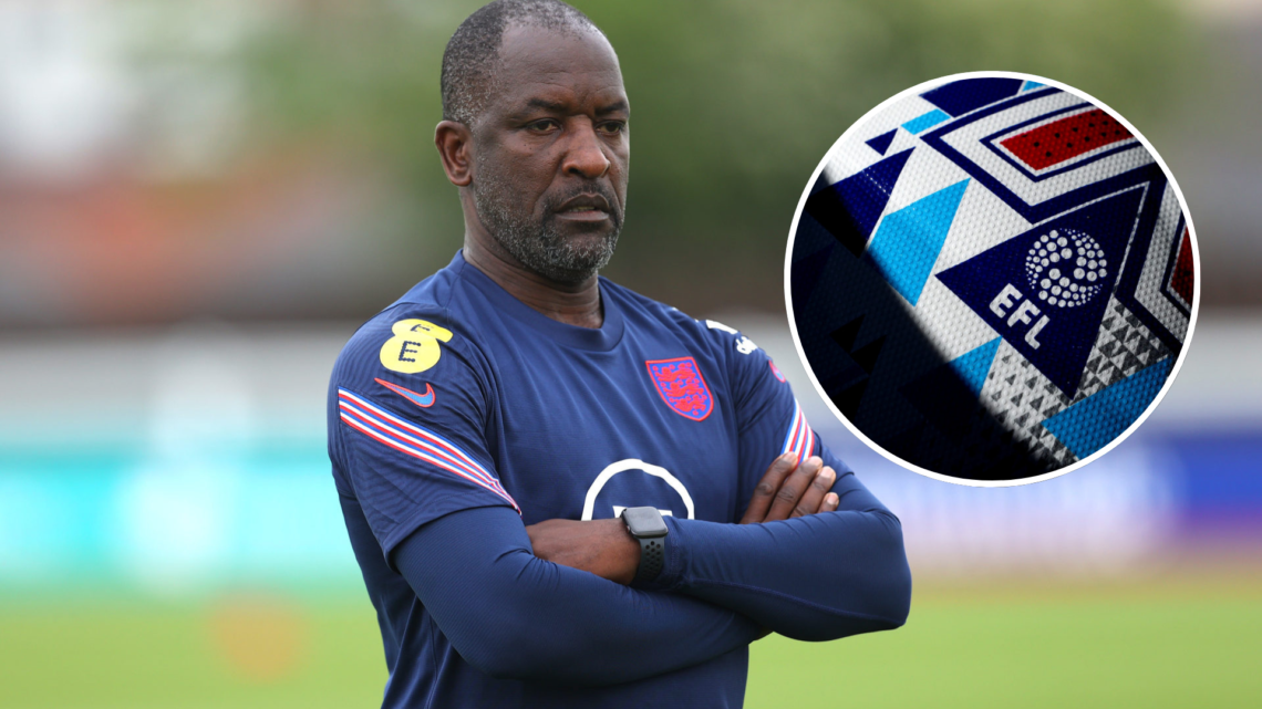 Chris Powell, England coach looks on during the England training session on June 03, 2021 in Middlesbrough, England. Inset, The EFL logo on the mat...